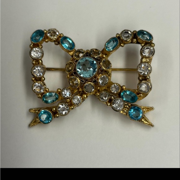 Vintage 1940’s HOBE clusters blue & white crystal bow tie brooch pin - Picture 10 of 10
